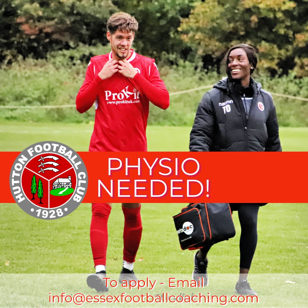 We are on the look out for a new club physio. Must be available for Saturday match days.Great facilities! This is a well paid position with a lot of potential for the right person. Please email for more info ⛑⚽️ <a href="/EssexCountyFA/">Essex County FA</a> <a href="/physioroom/">PhysioRoom</a> <a href="/Physioessex1/">Physio Ed</a> <a href="/EssexPhysical/">Essex Physical Therapy</a> <a href="/ProKit_UK/">ProKit UK</a>