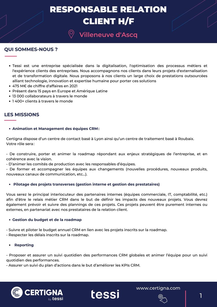 Certigna's tweet photo. 🚨 #Certignabytessi #job 🚨
📢 CERTIGNA by tessi agrandit ses équipes et est à la recherche d'un(e) Responsable Relation Client !

Vous souhaitez rejoindre notre équipe dynamique ? Postulez à l'adresse mail suivante :
👉 marketing@certigna.com https://t.co/4jSxz2nCEj