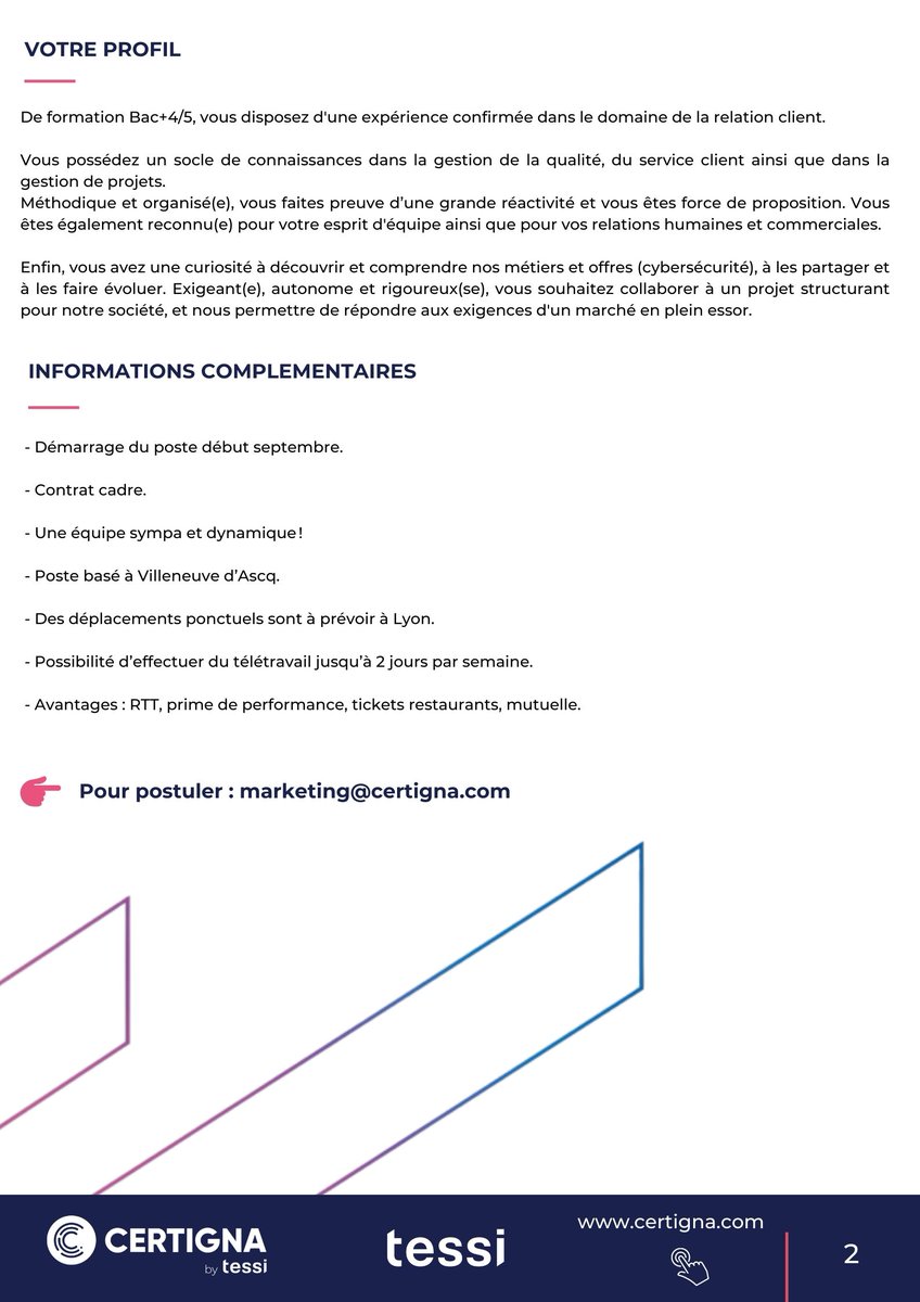 🚨 #Certignabytessi #job 🚨
📢 CERTIGNA by tessi agrandit ses équipes et est à la recherche d'un(e) Responsable Relation Client !

Vous souhaitez rejoindre notre équipe dynamique ? Postulez à l'adresse mail suivante :
👉 marketing@certigna.com