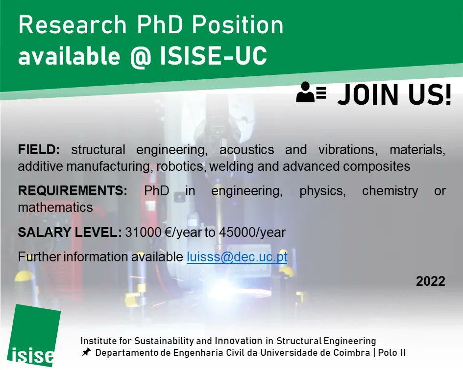 isise_UcUm's tweet photo. REF 1: New position available

Tenure track position (permanent position) for researcher at the UC to be involved in experimental work in the fields of structural engineering, acoustics and vibrations, materials, additive manufacturing, robotics, welding and advanced composites. https://t.co/IUjY1eOS09