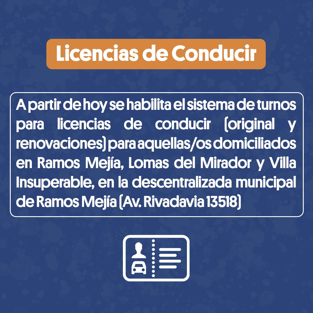 TransitoMatanza's tweet photo. ⚠️LICENCIAS DE CONDUCIR ⚠️

A partir de hoy martes, 17/05. 
Podes sacar tu turno para realizar tu trámite en  la descentralizada municipal de Ramos Mejía.

Turnos👇👇
https://t.co/pI06hnhXL2 https://t.co/IO5oUWoLra