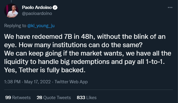 duonine's tweet photo. Paolo is the CTO at Tether, i.e. #USDT. 👇

During the Terra crash/panic, USDT lost its peg at almost 10% drop versus BUSD on Binance.

Yet, the peg is now back to $1 &amp; they redeemed 7 bil in USD. That is about 10% of its mcap.

USDT continues to weather the storms quite well! https://t.co/cnCyGMT2da
