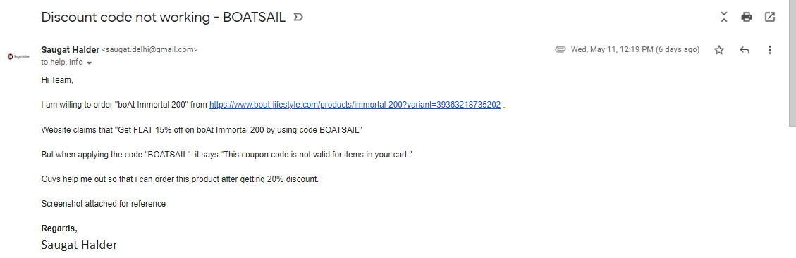 saugathalder's tweet photo. @RockWithboAt On google ads section "BOALSAIL" code is active for 15% discount. Till yesterday "BOALSAIL" was showing active on website too. After email complaints you guys removed it from website but not in ads :P https://t.co/nPxe6esJDE