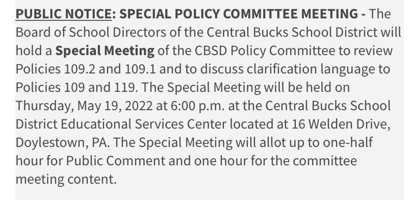 CBSD Board cannot wait until their next scheduled meeting in June to continuing pushing through their authoritarian book selection processes. A special Policy meeting has been called for Thursday at 6pm. #showup #speakout #saveCBSD