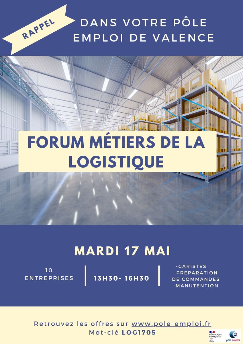 Maintenant, le <a href="/PE_Valence/">Pôle emploi Valence</a> accueille 10 entreprises qui recrutent et forment sur les métiers de la logistique ainsi que 2 organismes de formation. Ils rencontrent des candidats entre 13h30 et 16h30.
Accès libre avec un CV !
#TousMobilisés #OnEstlàPourVous