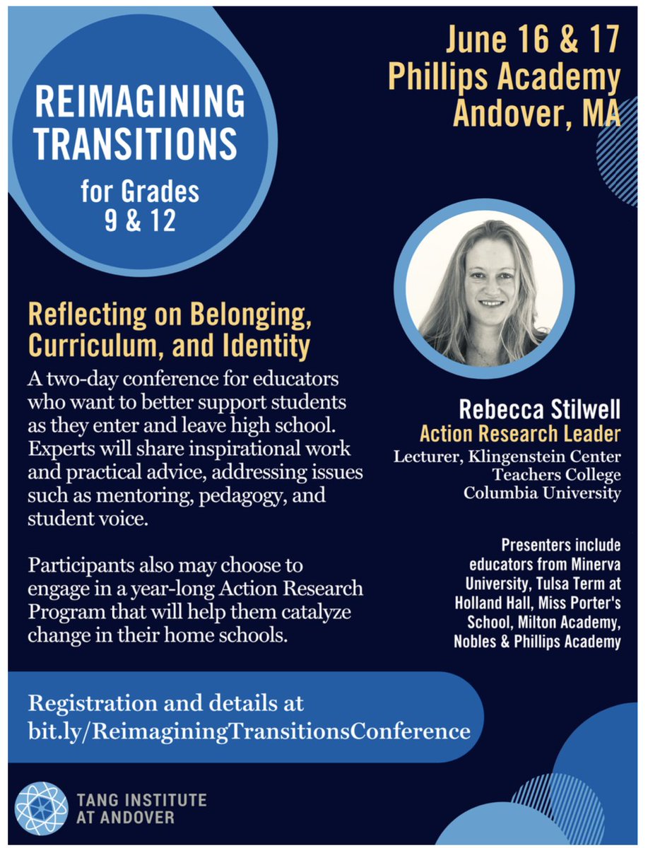 TangInstitute's tweet photo. Join us! We're hosting a conference June 16-17 @phillipsacademy on Reimagining Transitions. 

We're also piloting a follow-up action research cohort for the 2022-2023 school year. Participants will receive ongoing coaching and a stipend! Details below.

https://t.co/4JC1kF7q8t https://t.co/Xuax7hHG3L