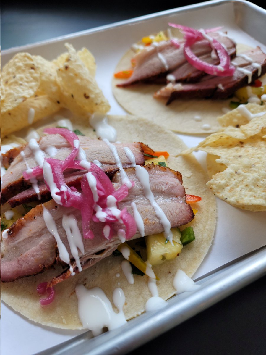 PitTakeBBQ's tweet photo. It's #TWISTEDTACOTUESDAY!!! Stop by today to get an order of these delicious #PorkBelly #Luau Tacos!!

Slow smoked pork belly is topped with Housemade Pineapple Salsa, Pickled Onions and Lime Crema!

#BBQ #supportyourlocalpitmaster #PitTakeBBQ https://t.co/iK9cWrn7g2