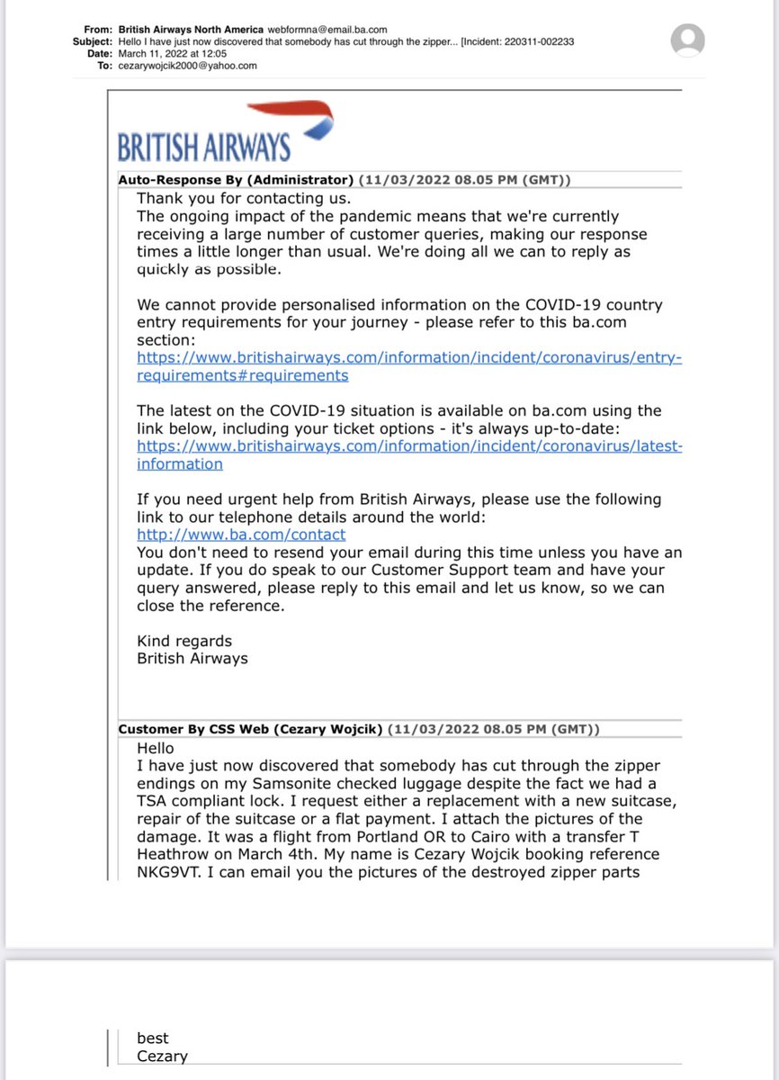 cwojcik's tweet photo. @British_Airways Hello @British_Airways, I have reported in on a web form on 11 of March and never heard back from you. https://t.co/awggFveY6E