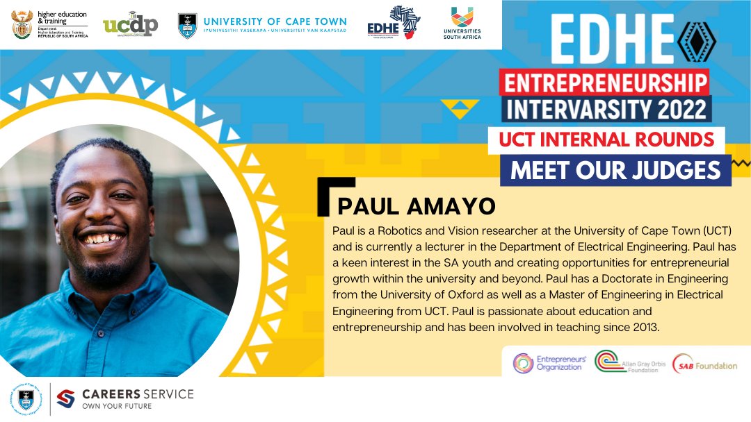 UCTCareers's tweet photo. Meet the inspiring judges for the UCT Internal Rounds - Paul Amayo, Niall Naidoo, Vanessa Ramanjam and Wasiu Afolabi! Our judges include members from our faculties and departments across the university, and they will be providing expert entrepreneurial feedback to the students. https://t.co/T5OU3a7h8E