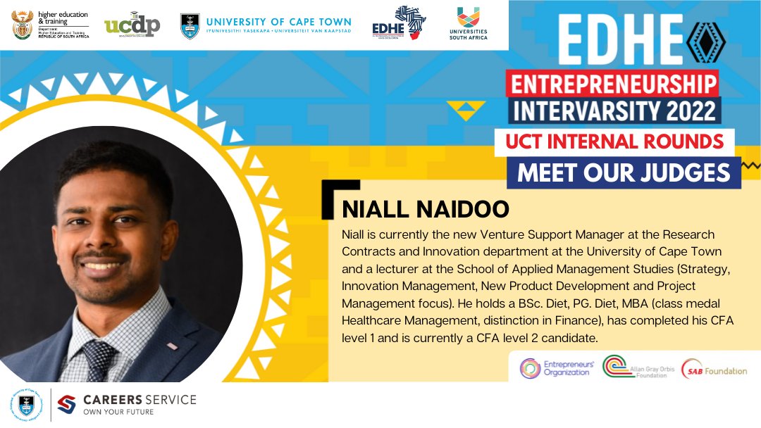 UCTCareers's tweet photo. Meet the inspiring judges for the UCT Internal Rounds - Paul Amayo, Niall Naidoo, Vanessa Ramanjam and Wasiu Afolabi! Our judges include members from our faculties and departments across the university, and they will be providing expert entrepreneurial feedback to the students. https://t.co/T5OU3a7h8E