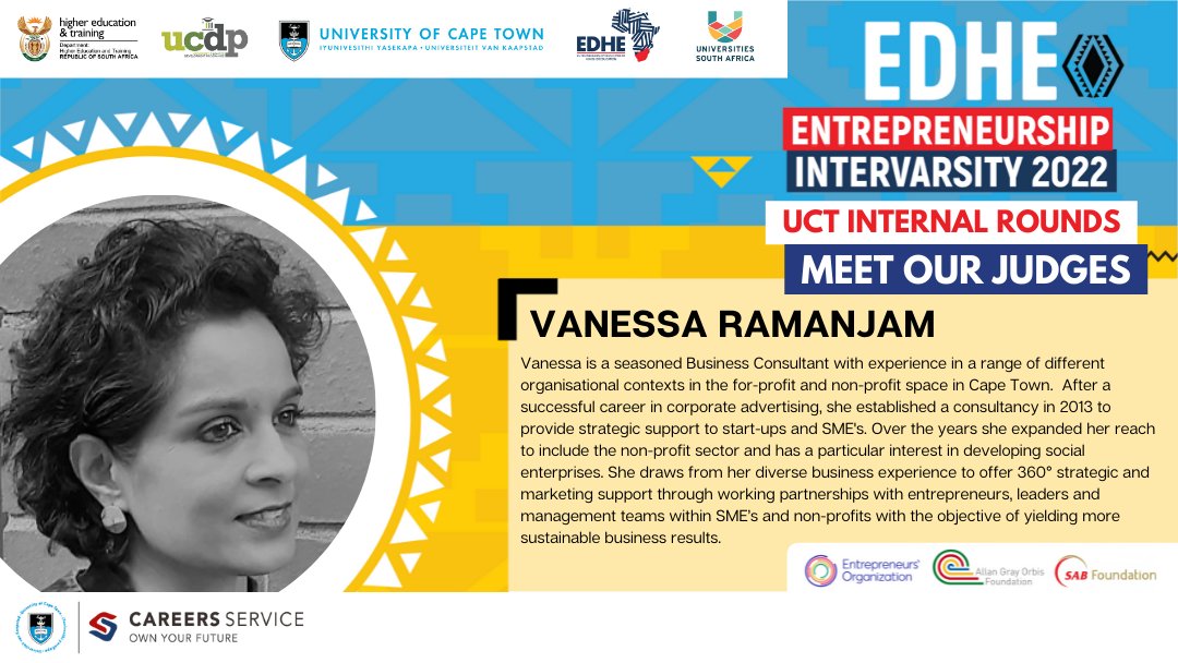 UCTCareers's tweet photo. Meet the inspiring judges for the UCT Internal Rounds - Paul Amayo, Niall Naidoo, Vanessa Ramanjam and Wasiu Afolabi! Our judges include members from our faculties and departments across the university, and they will be providing expert entrepreneurial feedback to the students. https://t.co/T5OU3a7h8E
