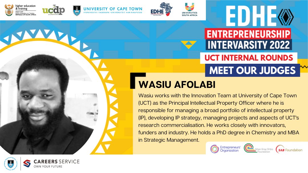 UCTCareers's tweet photo. Meet the inspiring judges for the UCT Internal Rounds - Paul Amayo, Niall Naidoo, Vanessa Ramanjam and Wasiu Afolabi! Our judges include members from our faculties and departments across the university, and they will be providing expert entrepreneurial feedback to the students. https://t.co/T5OU3a7h8E