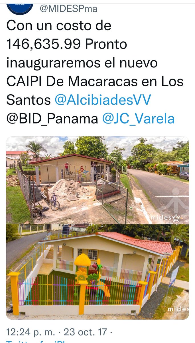 EnLComunidad's tweet photo. Gracias a @AlcibiadesVV y Gobierno de @JC_Varela  existe el Concepto CAIPIS. Legalización de Terrenos de todos a nivel nacional y el Plan de Remodelación de todos con financiamiento del @BID_Panama #BID Es el mejor legado que pudo dejar el Gobierno 2014-2019 https://t.co/Z7Iu11bMB1