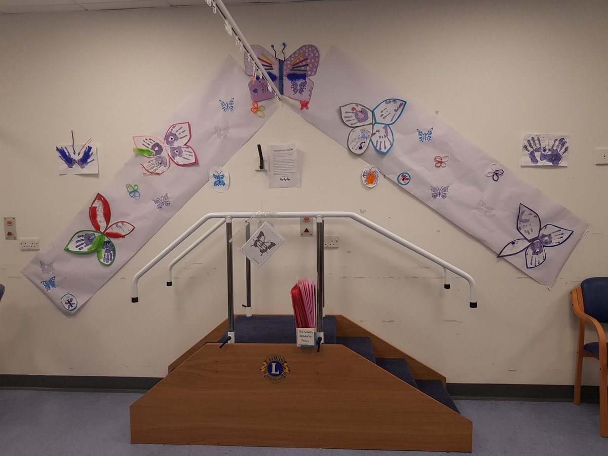 AlexJS_PT's tweet photo. On our Care of the Elderly unit, we got ready for Dementia awareness week &amp; created a butterfly wall! 
Patients got involved and made painted hand prints to fill the butterfly wings🦋
A fun afternoon with lots of giggles (and lots of glitter!), and here was the result😁 https://t.co/n5AJvCn8W6