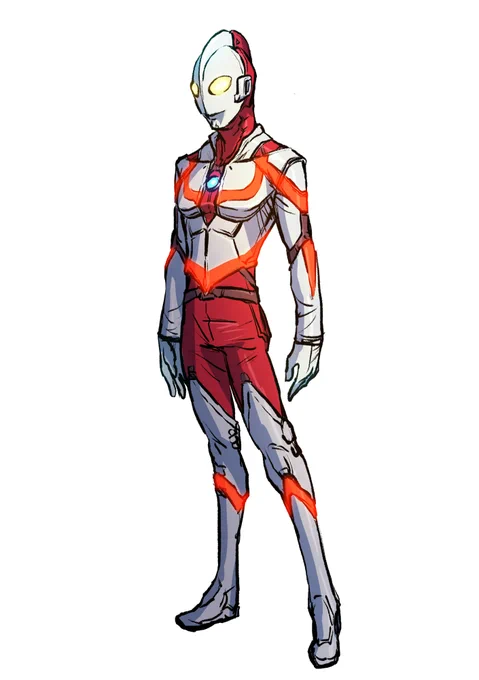 ラクガキ。ウルトラマン、昔からマッパか服を着てるかわからないと言われてきたし、シンマンさんがマッパ寄りな気がしたので服きてることにしてみた。顔と掌は生身で。ULTRAMANのアーマーとも違う感じで。 うーん…いまいちかな?