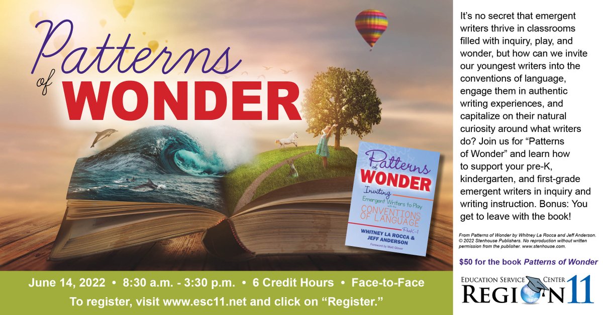 Emergent writers thrive in classrooms filled with inquiry, play, &amp; wonder. How can we invite them into the conventions of language and engage them in authentic experiences? Join <a href="/pao_pine/">Paola</a> and <a href="/mrsnicoleadkins/">Nicole Adkins</a> to learn how! Register: registration.esc11.net/catalog/sessio…