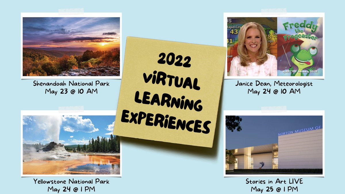 Educational Technology Team in Palm Beach County (@edtechpbc) on Twitter photo We know this time of year is tough. Students are ready for that last bell to ring. Before it does, take them on a trip across the country! Join us next week as we visit <a href="/ShenandoahNPS/">ShenandoahNPS</a> & <a href="/YellowstoneNPS/">Yellowstone National Park</a>, chat with <a href="/JaniceDean/">Janice Dean</a>, & explore the <a href="/NortonMuseum/">Norton Museum of Art</a>
bit.ly/2022VLE We know this time of year is tough. Students are ready for that last bell to ring. Before it does, take them on a trip across the country! Join us next week as we visit <a href="/ShenandoahNPS/">ShenandoahNPS</a> & <a href="/YellowstoneNPS/">Yellowstone National Park</a>, chat with <a href="/JaniceDean/">Janice Dean</a>, & explore the <a href="/NortonMuseum/">Norton Museum of Art</a>
bit.ly/2022VLE