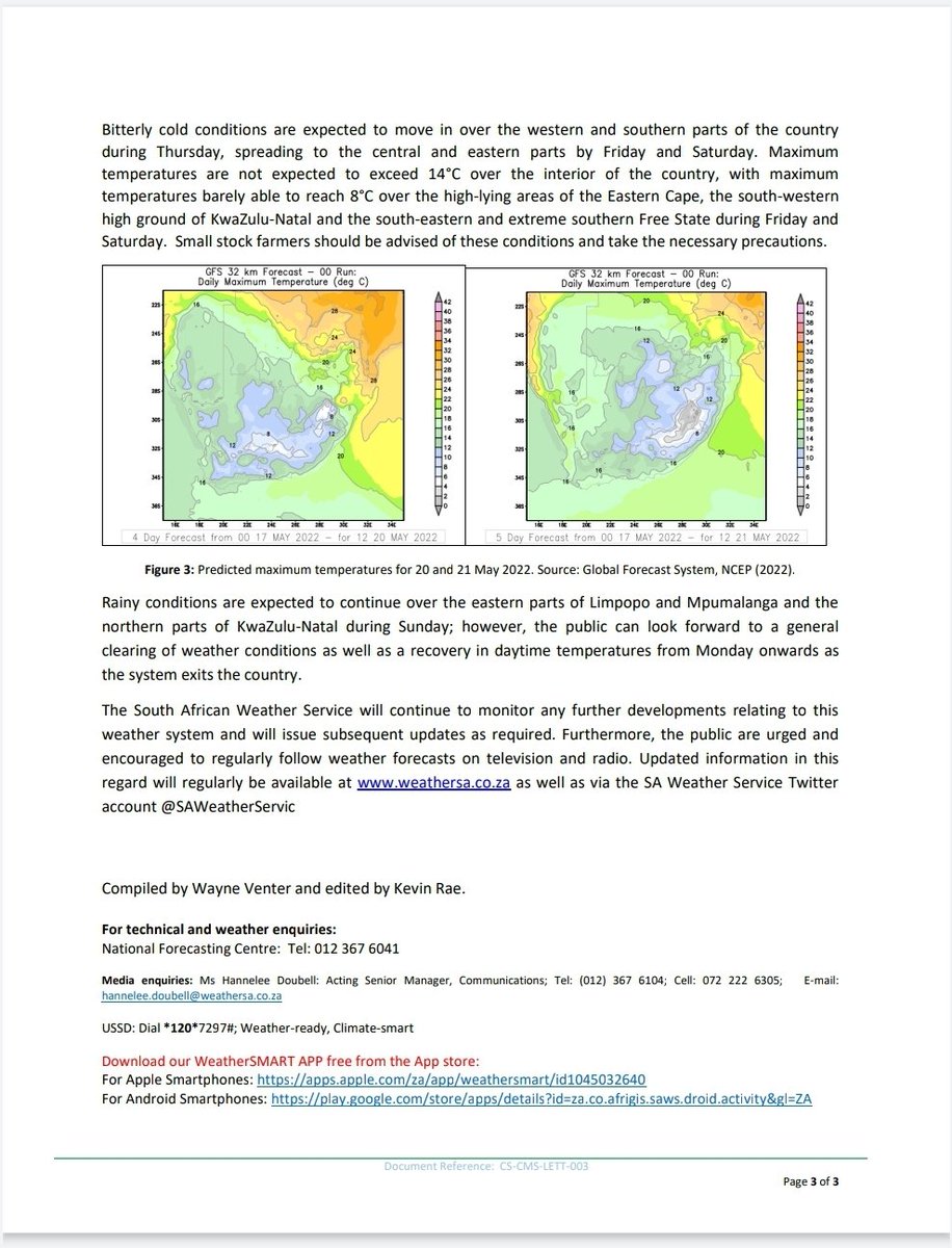 SAWeatherServic's tweet photo. ⚠️ Media Release: Cut-off low to bring cold and wet weather to large parts of South Africa from Thursday into the weekend (19-21 May 2022). https://t.co/foN3bmacjg