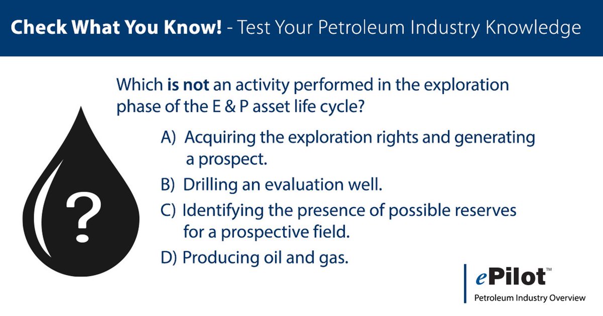 PetroSkills's tweet photo. Test Your Knowledge Tuesday | Which is NOT an activity performed in the exploration phase of the E & P asset life cycle? Comment below! #TestYourKnowledge #ePilot #PetroSkills #oilandgas #E&P https://t.co/hWST8uk576