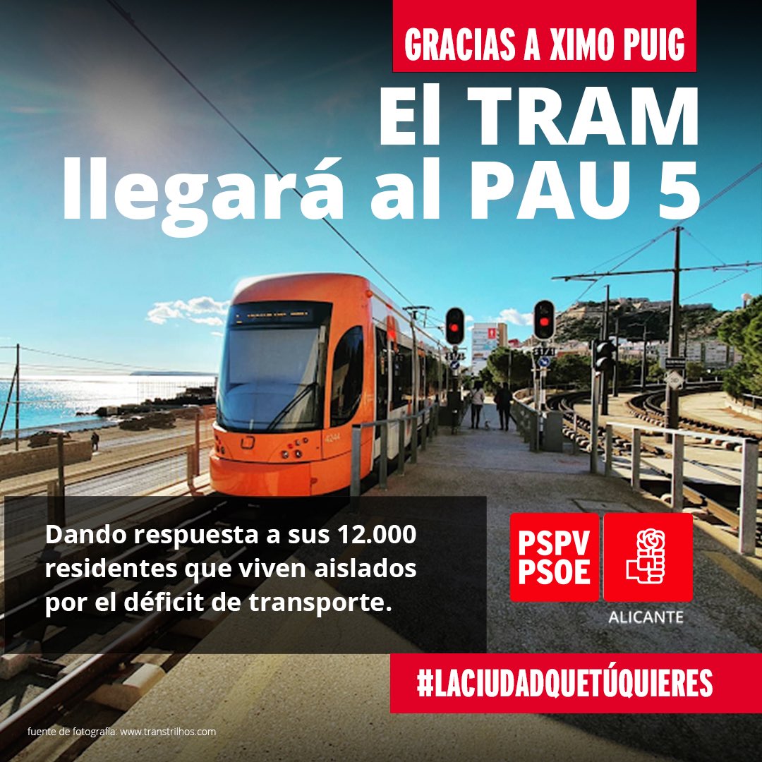 psoealc's tweet photo. Por fin las vecinas y vecinos estarán comunicados y su calidad de vida aumentará.

Gracias a Ximo Puig el TRAM llegará al PAU 5 para dar respuesta a  12.000 residentes del PAU 5 de Alicante  que viven en un barrio aislado por el déficit de transporte. https://t.co/32Z98Y0cnt
