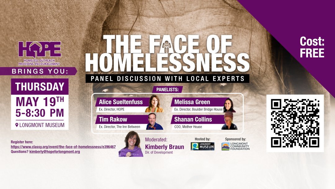 HopeLongmont's tweet photo. Tomorrow is the day! Join us for our FREE panel discussion on homelessness---free food, free drinks, great conversation and compelling local experts. RSVP so we know how much food to provide. https://t.co/E2edjdohov https://t.co/RZIJ597IGk