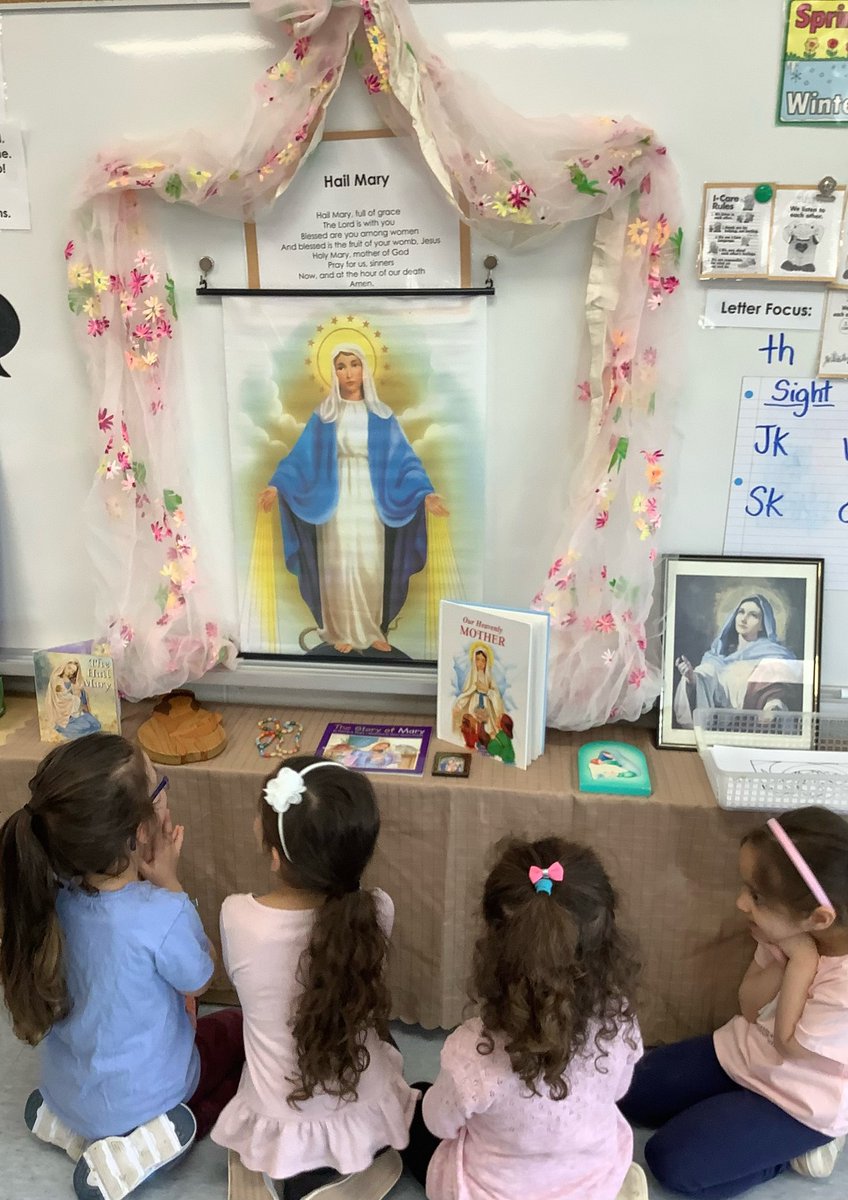 JBAPT_DPCDSB's tweet photo. May is Mary’s Month - The students in Mrs. Locantore and Mrs. Busch’s class are embracing the opportunity to pray and respect Mother Mary at the “Mother Mary Prayer Centre” in the classroom. https://t.co/d1GRlKH7OX