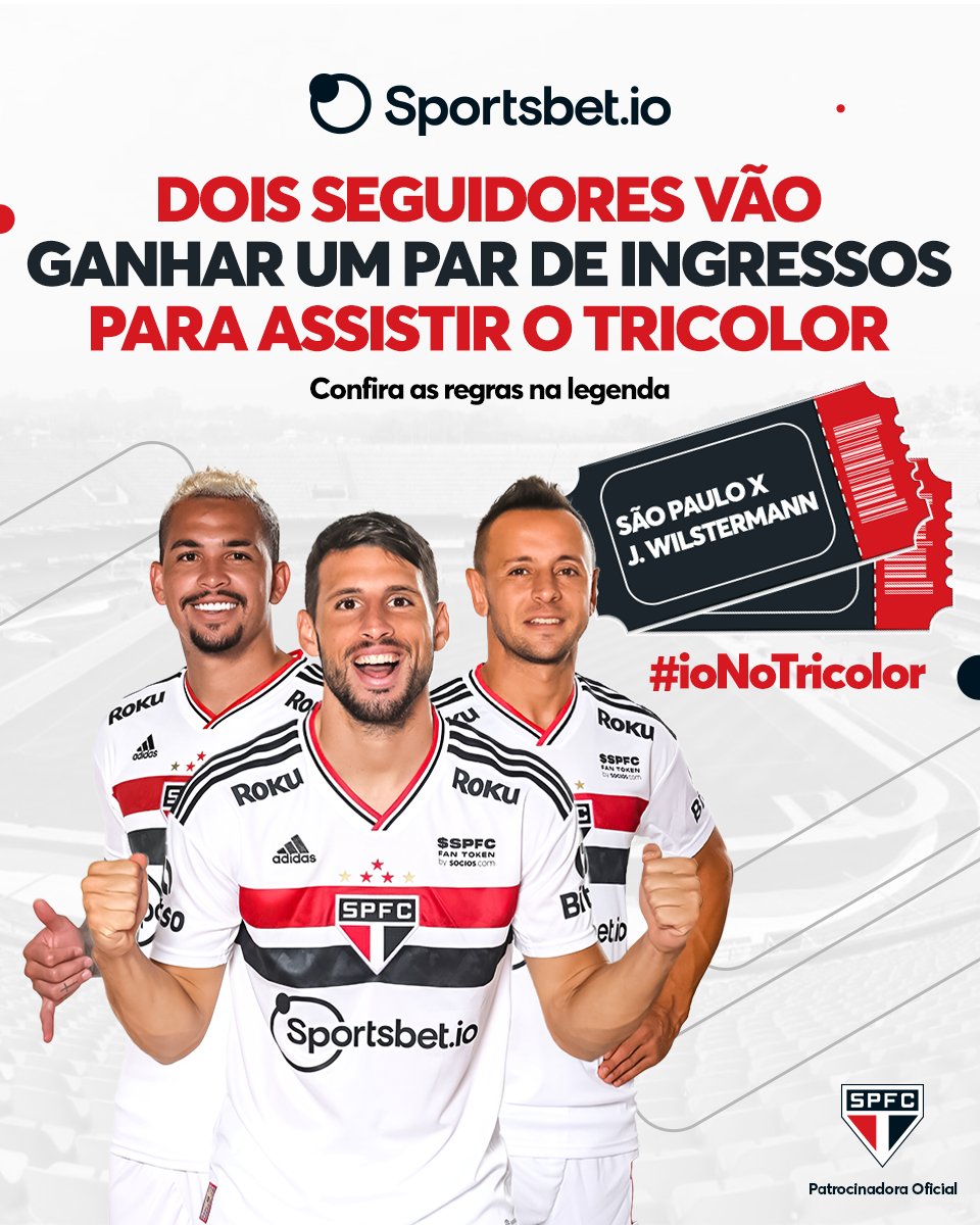 sportsbetiobr's tweet photo. Bora ver o Tricolor contra o J. Wilstermann? 🏟️

Nós vamos presentar dois seguidores com um par de ingressos para o jogo entre São Paulo de quinta-feira.

Pra participar é só:
↪️Dar RT nesse tweet
↪️Seguir @sportsbetiobr

O resultado saí amanhã! https://t.co/A8nB4w5E1T