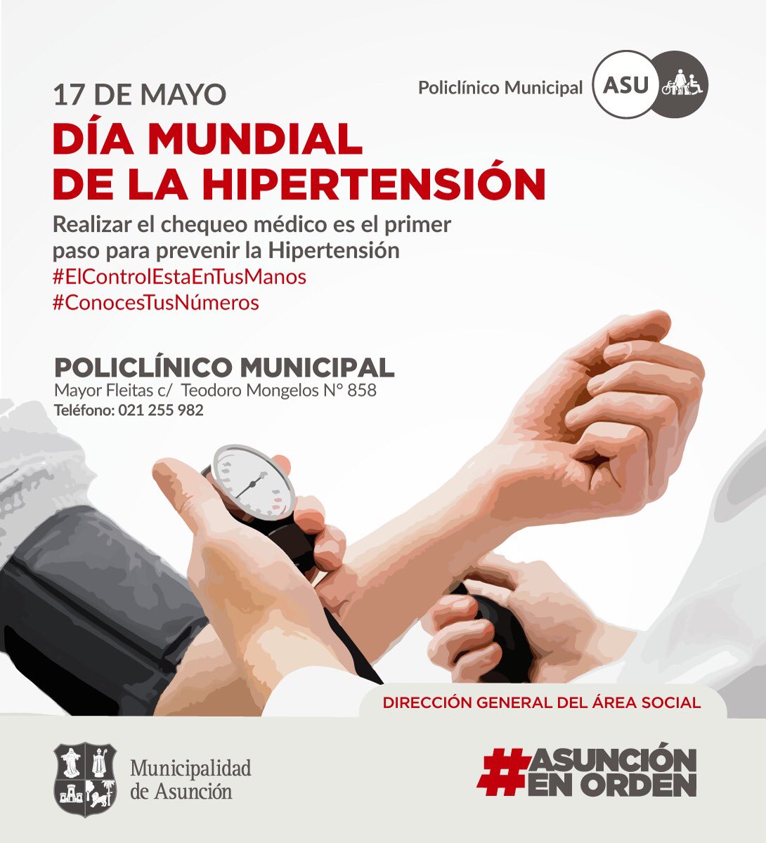 policlinicoasu's tweet photo. 📌17/05 Hoy conmemoramos el Día Mundial de la Hipertensión ❤️🩹
☎️ Reserva tu turno para tus controles al 225982 o acércate a Mayor Fleitas c/ Teodoro Mongelos
#AsuEnOrden
#PoliclínicoMunicipal
#ElControlEnTusManos
#ConocesTusNumeros https://t.co/OPIR6ETlC9