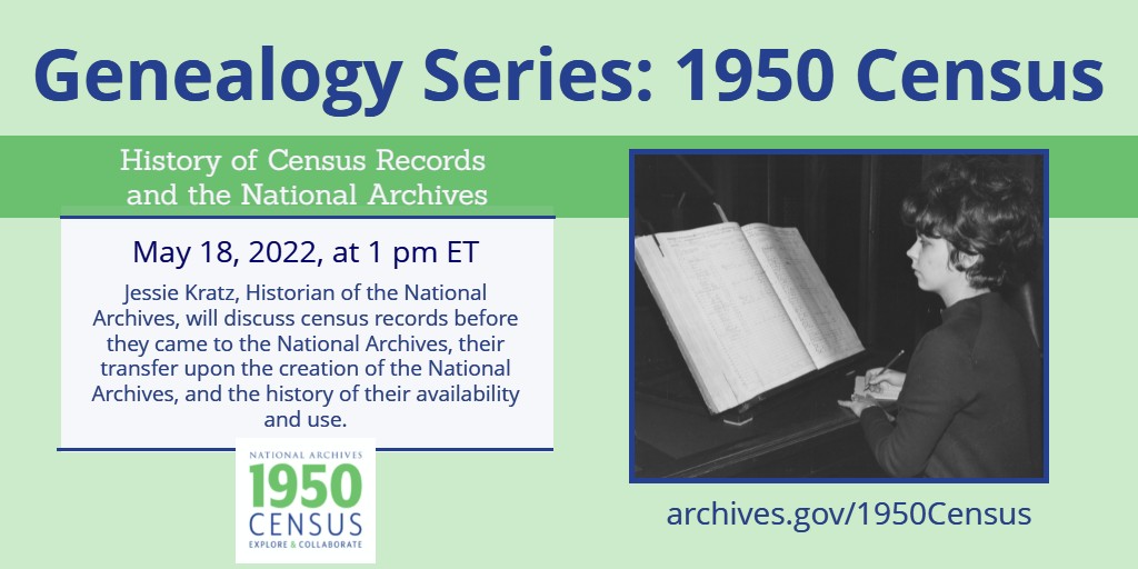 USNatArchives's tweet image. Tune in tomorrow, Wednesday, May 18, at 1 pm ET, as our Historian Jessie Kratz presents the history of #census records in relation to the history of the National Archives.

archives.gov/calendar/event…
#1950Census @uscensusbureau