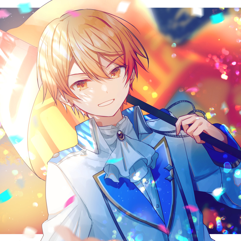 1boy male focus blonde hair smile solo looking at viewer blurry  illustration images