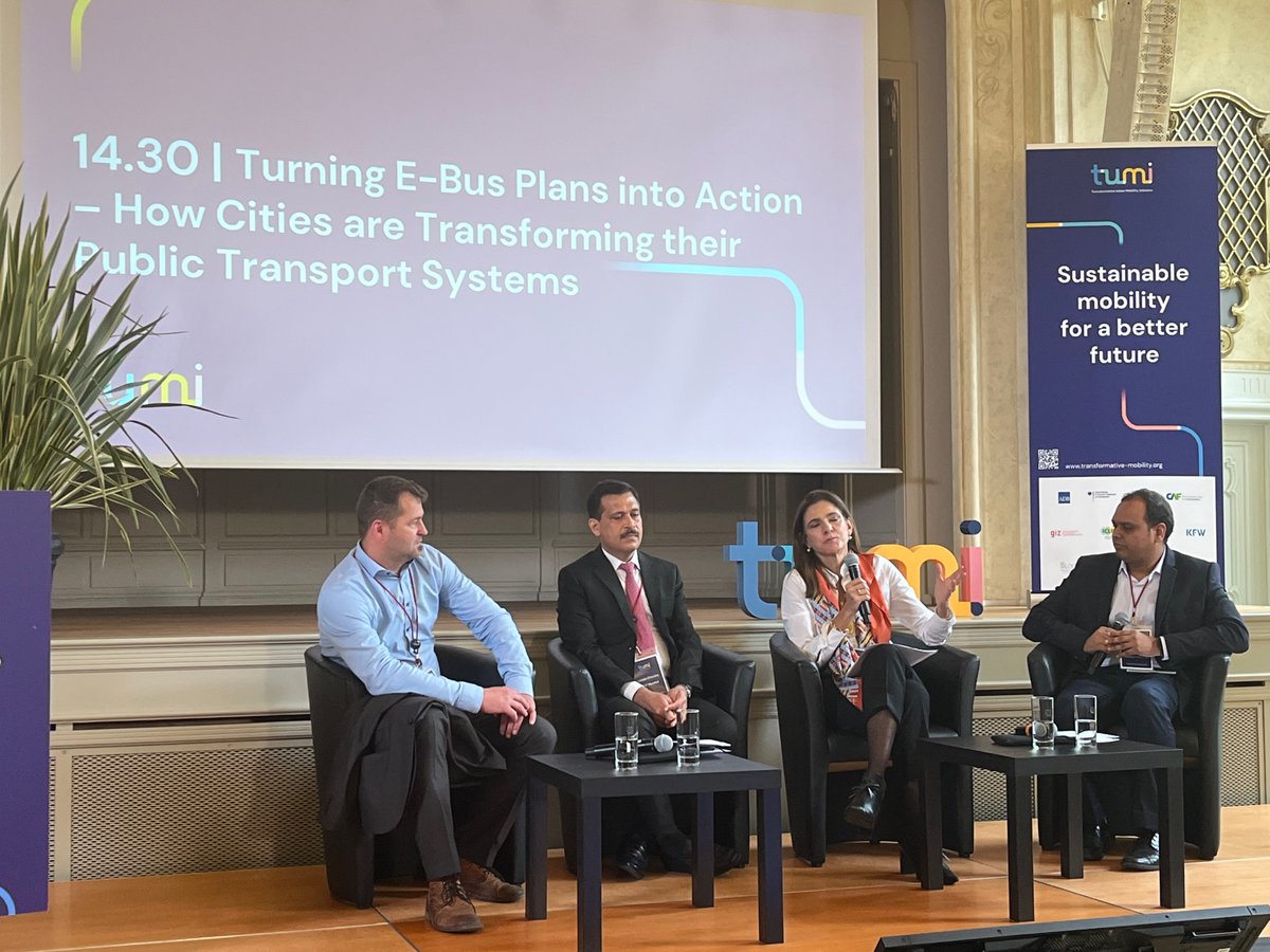 TUMInitiative's tweet photo. @hfthompson_ @WRIRossCities @ITDP_HQ @c40cities @ICLEI @_dmoser @BusSustainable Torsten Schmidt (@LVB_direkt), Lokesh Chandra (@BESTMumbai) and Ángela María Orozco Gómez are examining challenges and solutions on the way to upscaling e-bus deployment. https://t.co/x6wiaZGMPq