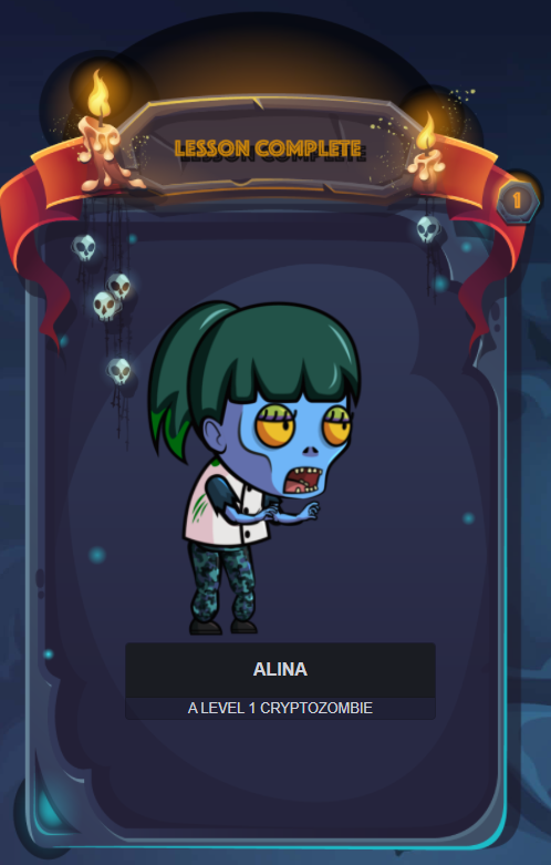 I ened 1st lesson some days ago, but I didnt show what result I got. It's zombie with my name lol
 #Ethereum #Web3 #CryptoZombies