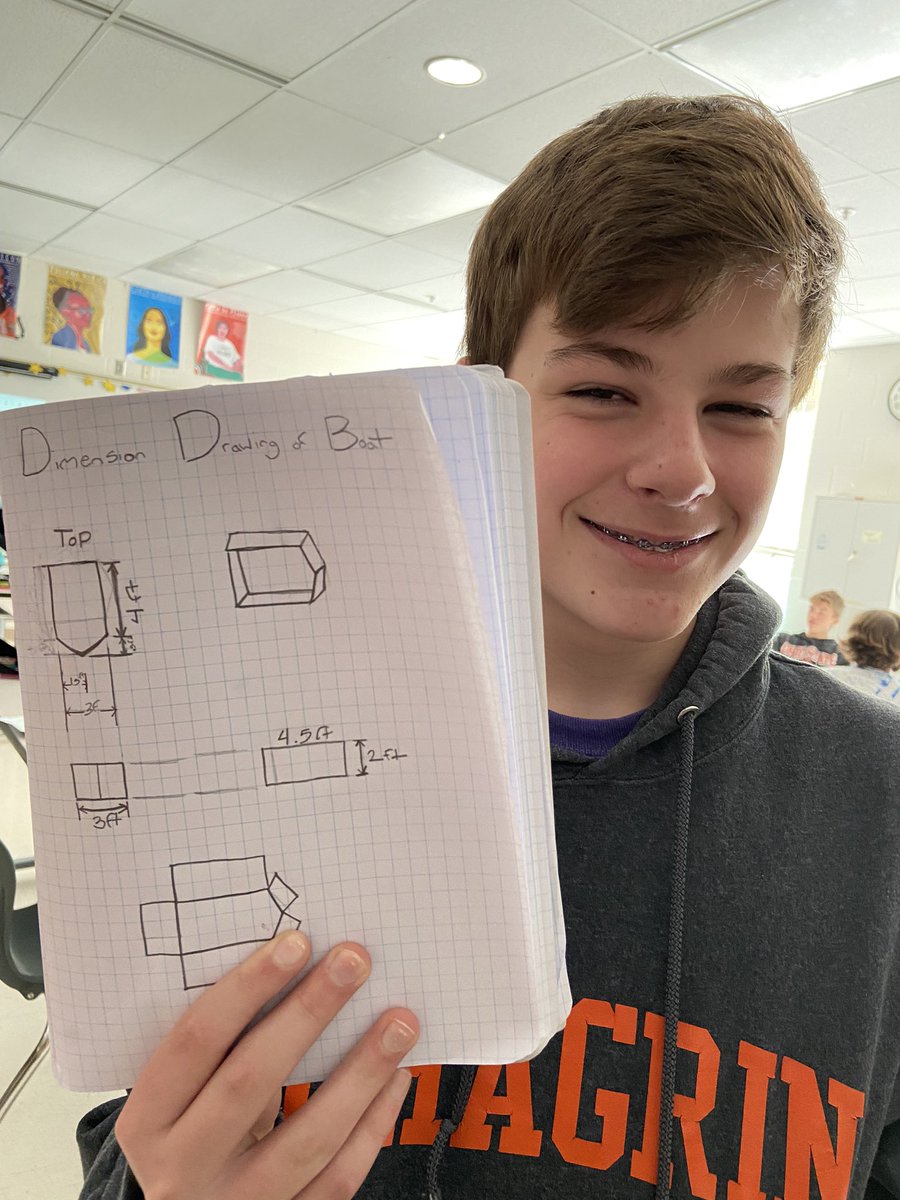HINeSMnSTEM's tweet photo. Connor’s model 🛶 from dimensioned drawing ➡️ net ➡️ scale model! Demonstrating how Math 🧡 Science! #CFChooseCourage #CFEVS @cfmsregatta https://t.co/XcFzqc6wqN