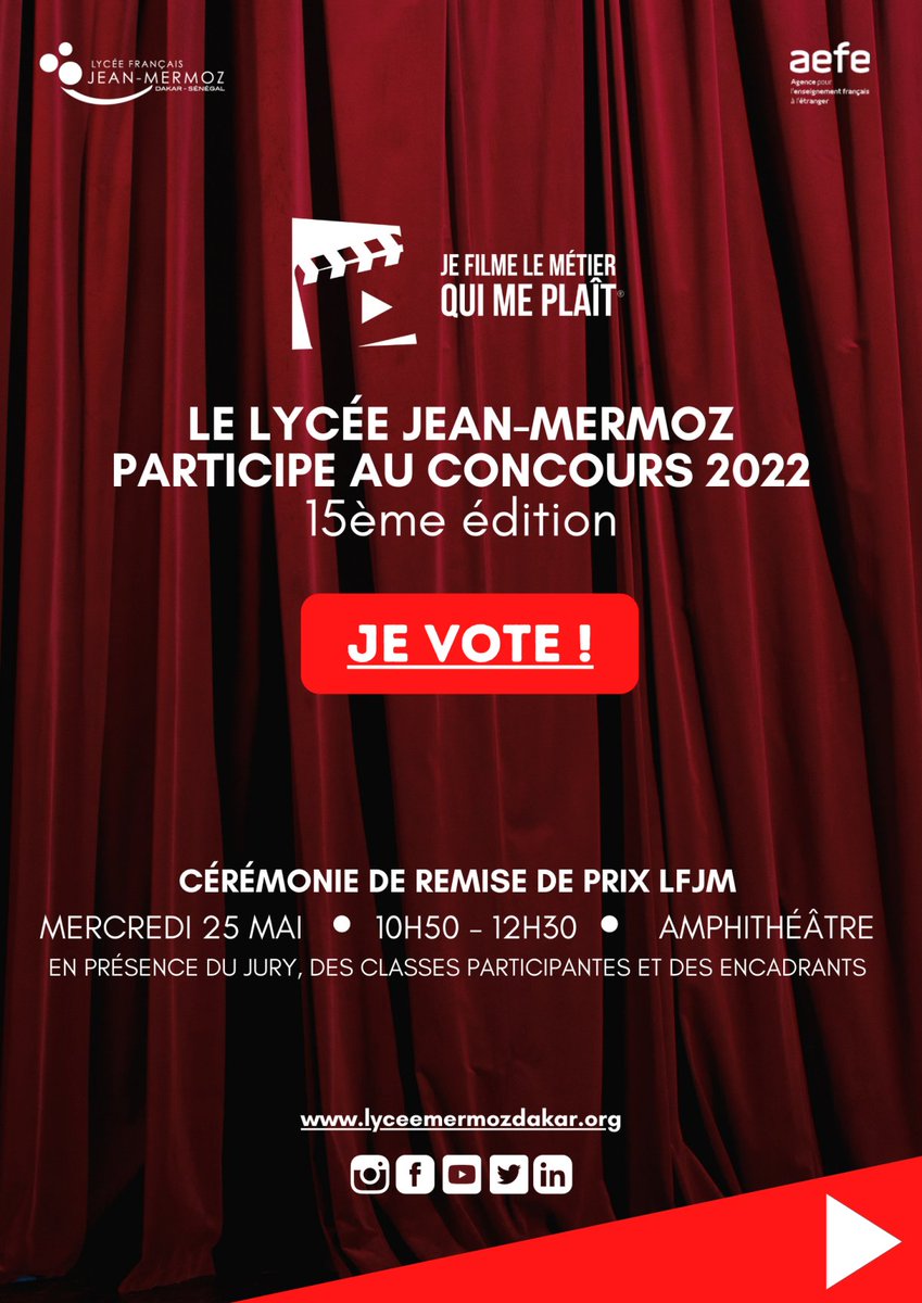 lycee_mermoz's tweet image. #JFLMQMP 🎬 I Une #cérémonie de remise de prix – Concours JE FILME LE METIER QUI ME PLAIT spéciale #lfjm, se déroulera le mercredi 25 mai de 10h50 à 12h30 en Amphithéâtre.
🙌19 films en compétition (élèves 3B, 207 et 208)
@aefeinfo