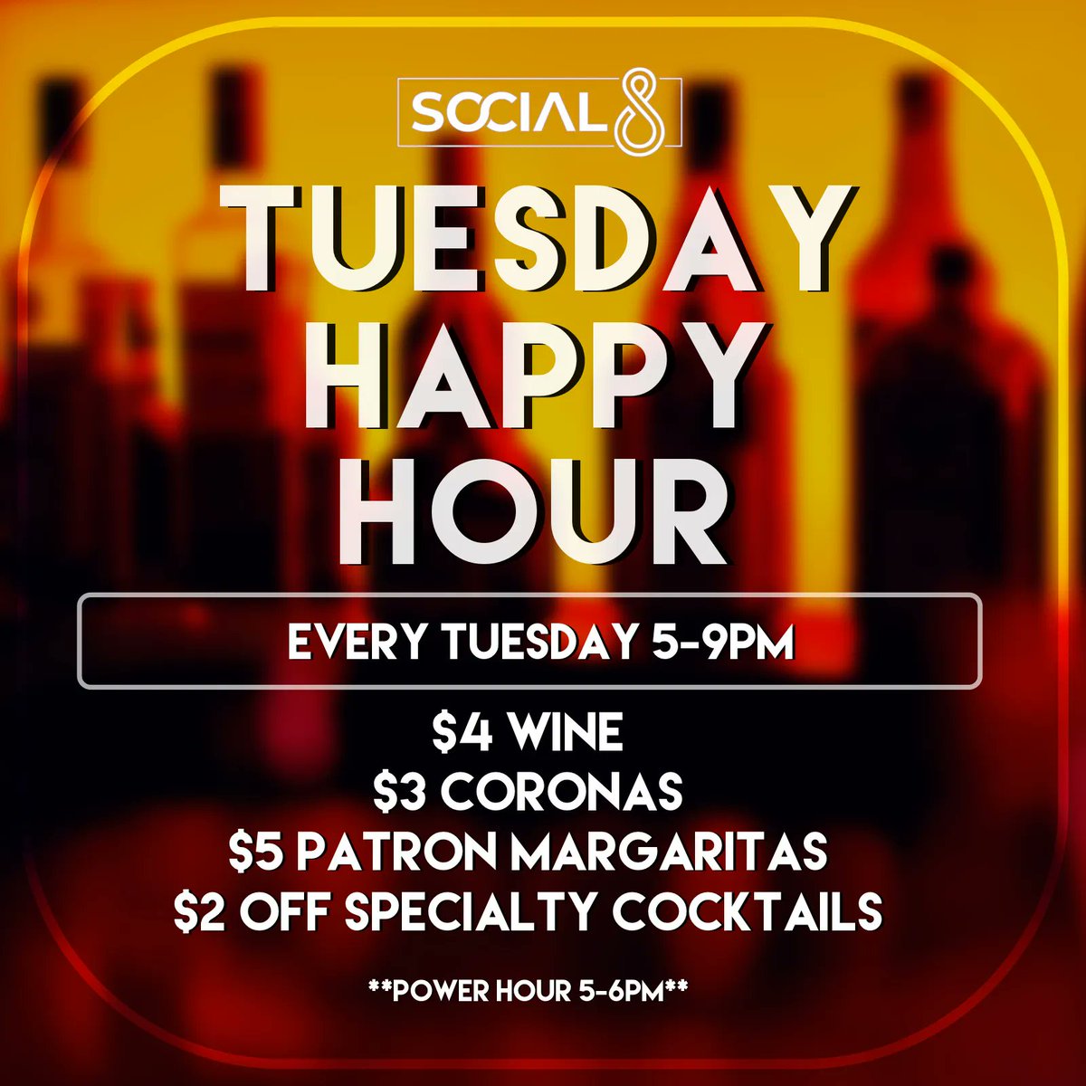 AkronSocial8's tweet photo. Tuesday Happy Hours are the best. Don’t believe us! Come and see for yourself #social8 https://t.co/YUVqkUE4tD