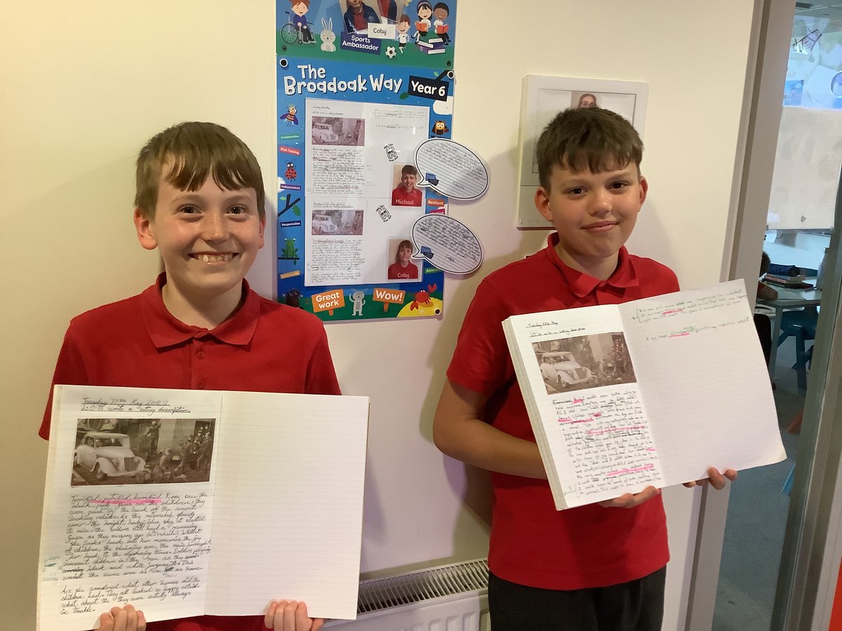 OABroadoak's tweet photo. Michael and Coby from 6RC are immensely proud of their setting descriptions that they wrote this morning. Both boys have written an insipirational quote alongside their writing to inspire perseverance with writing and editing skills - come and have a look! #6RC #Y6 #resilience https://t.co/pllWiehorQ