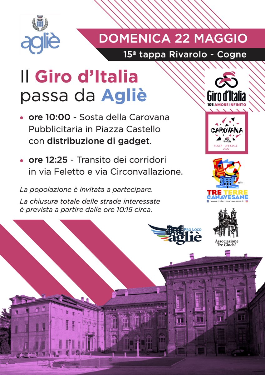 🔥 IL GIRO D'ITALIA PASSA DA AGLIÈ ☀️ 

Agliè #SostaUfficiale2022 per il #GiroDItalia, imperdibile la sosta della carovana in Piazza Castello, con distribuzione di gadget, per poi assistere al passaggio del giro alle 12:25.

#Eventi #Ciclismo #Sport
