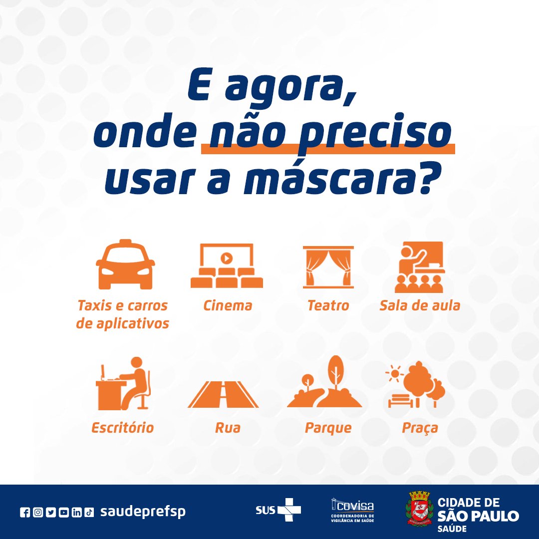 saudeprefsp's tweet photo. 💉No último sábado (14), a exigência do Passaporte da Vacina para acesso em estabelecimentos deixou de ser obrigatória na capital. A medida também desobriga o uso da máscara em táxis e transportes por aplicativo. Saiba mais em: link:
https://t.co/cugAFLQIiM
#SUS https://t.co/lfkFtUUpZy