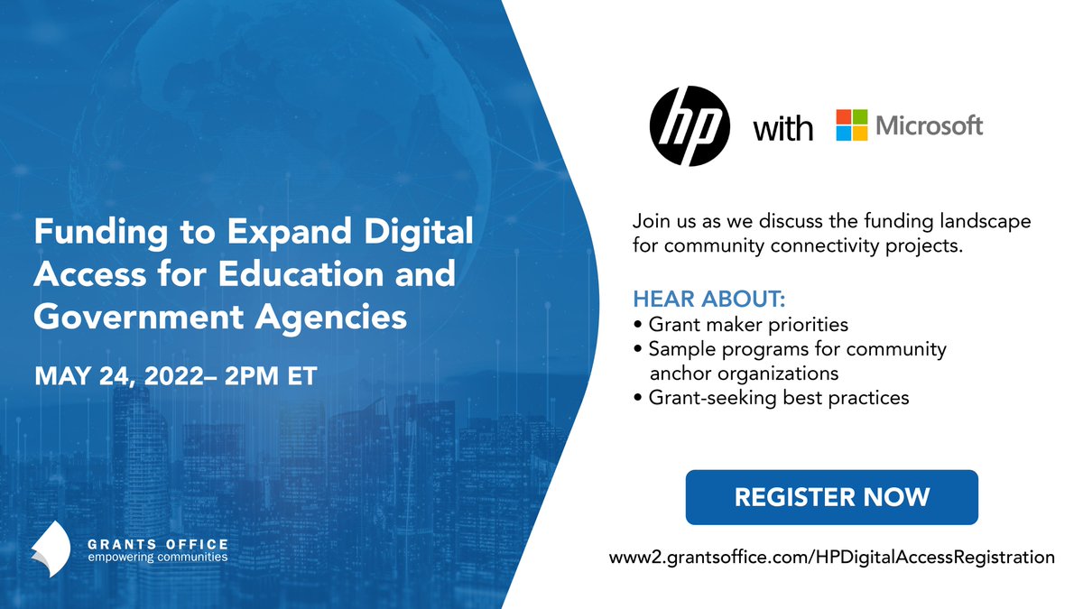 Grants Office, LLC (@grantsoffice) on Twitter photo The COVID-19 pandemic exacerbated digital equity disparities throughout the U.S.
On May 24th, join <a href="/GrantsOffice/">Grants Office, LLC</a> and sponsors <a href="/HPEDU/">HP Education</a> and <a href="/MicrosoftEDU/">Microsoft Education</a> to learn how grant funding can help close digital access gaps in your community.
Register today: www2.grantsoffice.com/HPDigitalAcces… The COVID-19 pandemic exacerbated digital equity disparities throughout the U.S.
On May 24th, join <a href="/GrantsOffice/">Grants Office, LLC</a> and sponsors <a href="/HPEDU/">HP Education</a> and <a href="/MicrosoftEDU/">Microsoft Education</a> to learn how grant funding can help close digital access gaps in your community.
Register today: www2.grantsoffice.com/HPDigitalAcces…