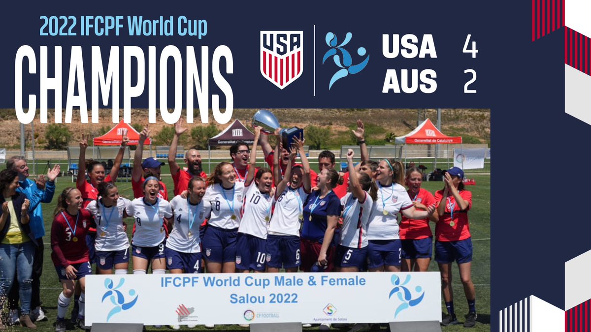ussoccer_ENT's tweet photo. 🇺🇸 🇺🇸 Champs of the inaugural IFCPF World Cup!! 💪💪

⚽️ Annie Wickett, Jesslyn Kuhnel (2, including in OT), and Joey Martin sealed it. 

What a moment #USparaWNT! https://t.co/wDq1eYJJvC