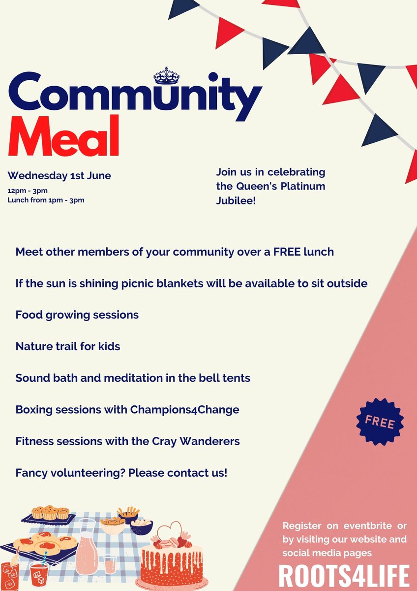 Nom nom nom. Join us for a special Community Meal on 1 June from 12-3 pm. 

😋 Healthy food 
🥊⚽ Football and boxing
🌱🪶 Seed planting and nature trails 

Book here eventbrite.co.uk/e/roots4jubile…

#PlatinumJubilee 
#Roots4Life