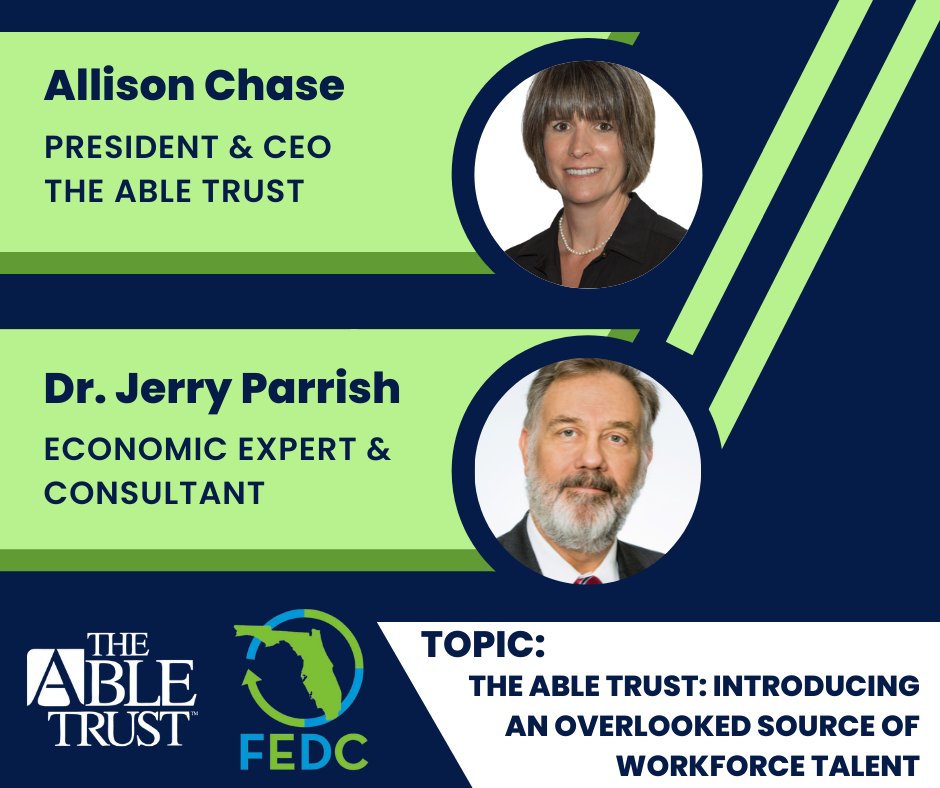 @AbleTrust (@abletrust) on Twitter photo As a member of <a href="/FloridaEDC/">Florida Economic Development Council</a>, our leadership team is committed to educating development decision makers on capitalizing the untapped talent of #PWD.  FEDC Conf. attendees -- please join us at 2:15 to gain valuable info from our presentation. <a href="/allisonschase/">Allison Chase</a> <a href="/DrJerryParrish/">Jerry D. Parrish</a> As a member of <a href="/FloridaEDC/">Florida Economic Development Council</a>, our leadership team is committed to educating development decision makers on capitalizing the untapped talent of #PWD.  FEDC Conf. attendees -- please join us at 2:15 to gain valuable info from our presentation. <a href="/allisonschase/">Allison Chase</a> <a href="/DrJerryParrish/">Jerry D. Parrish</a>