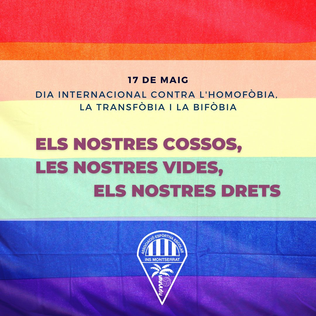 AEEINSM's tweet photo. 🏳️🌈#17demaig🏳️⚧️ Dia Internacional contra l’homofòbia, la transfòbia i la bifòbia denunciem la discriminació i les violències vers les persones homosexuals, transexuals i bisexuals.
Contra l'odi, viu com et surti del cor!💜
#stopLGTBIfobia #DretsAmbOrgull #LGTBI #AEEINSM https://t.co/lBDdIHXq0W