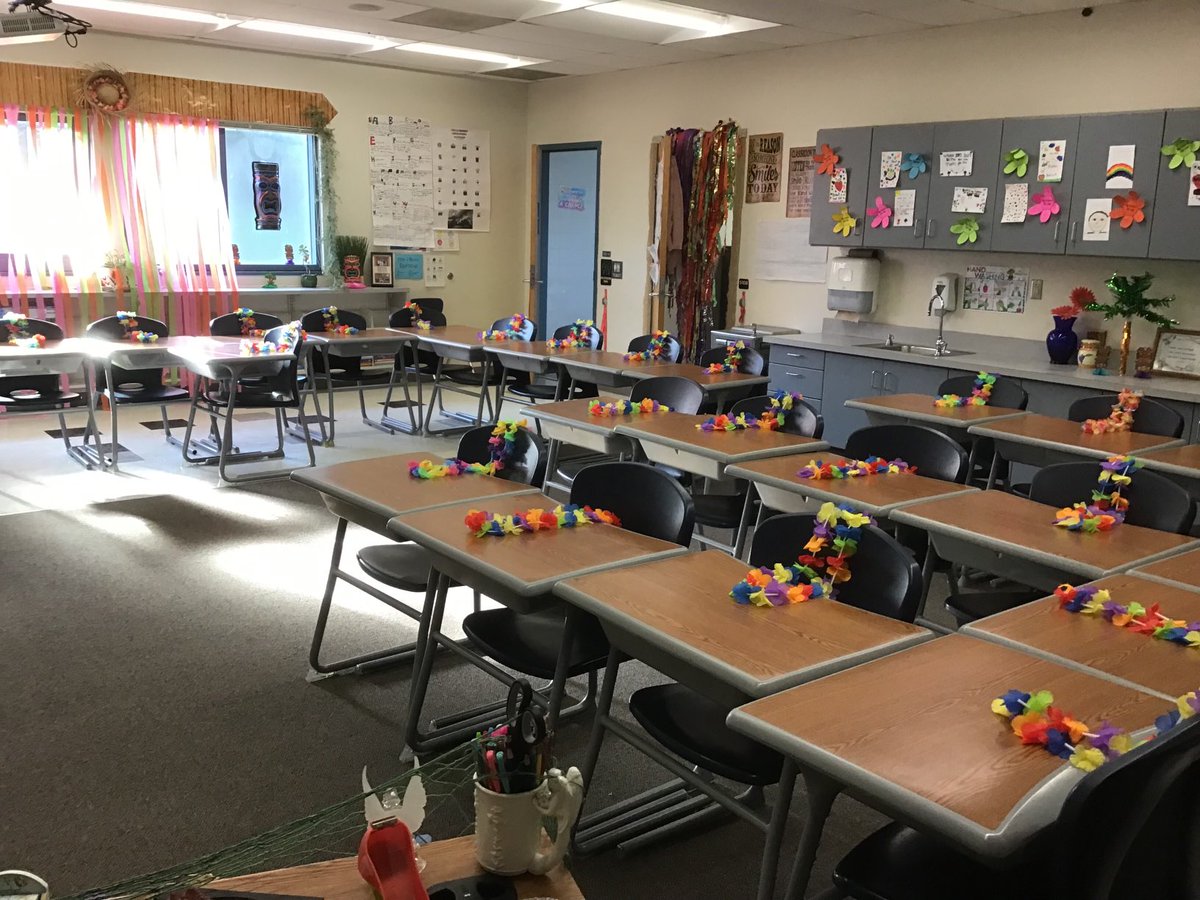 JenniferBerbert's tweet photo. Students were greeted this morning with a luau themed hallway and classroom.  Palm trees, pineapples, and tikis…oh my!!  #ipseagles https://t.co/CpJcMmdqmQ