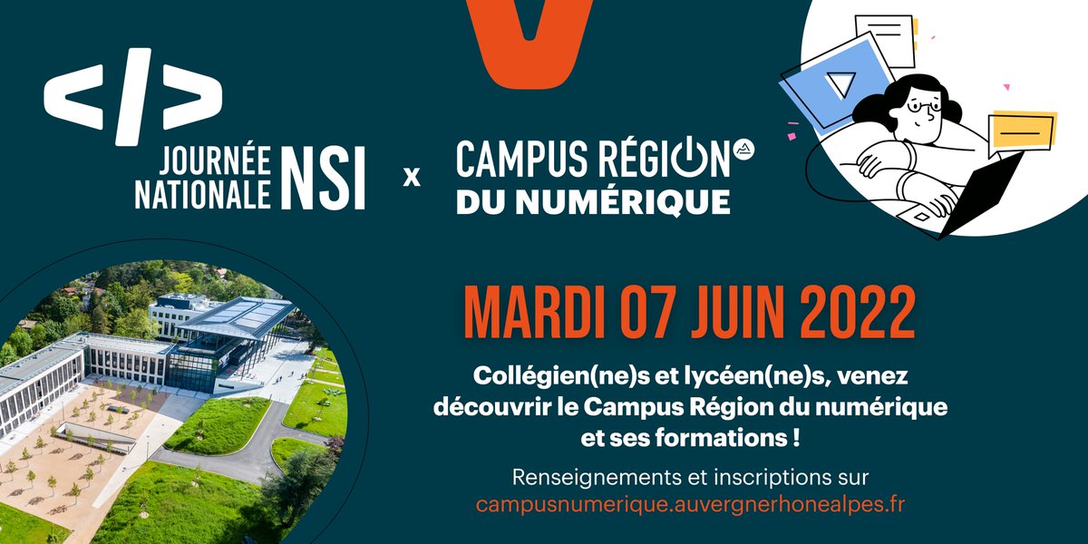 Campus Région du numérique (@campusregion) on Twitter photo 📅 Mardi 7/06, le <a href="/CampusRegion/">Campus Région du numérique</a> ouvre ses portes aux collégien(ne)s et aux lycéen(ne)s, dans le cadre de la #JournéeNSI ! Au programme : conférence sur les métiers du #numérique, #ateliers et #découverte des formation, visite de l'Usine du Campus, etc.
👉 campusnumerique.auvergnerhonealpes.fr/evenement/jour… 📅 Mardi 7/06, le <a href="/CampusRegion/">Campus Région du numérique</a> ouvre ses portes aux collégien(ne)s et aux lycéen(ne)s, dans le cadre de la #JournéeNSI ! Au programme : conférence sur les métiers du #numérique, #ateliers et #découverte des formation, visite de l'Usine du Campus, etc.
👉 campusnumerique.auvergnerhonealpes.fr/evenement/jour…