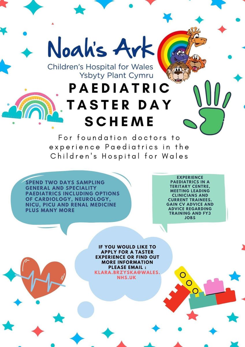 zoejohnson__'s tweet photo. We are still organising paediatric taster weeks in Noah’s ark but days are booking up quickly for the next few months! If you’re a foundation doctor keen to try paeds in wales before applications drop us an email! We’d love to have you 🌈 https://t.co/ZwnIKxHoNW