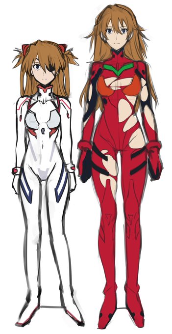 アスカ 14&amp;28
前回あまり描き分け出来てなかった気がしたので
全身図を設定画と劇中の全身が映ってるスクショを比較して揃えて描いてみた
めっちゃ背が伸びてるのでプラグスーツもっと上下に裂けても良い気がする 