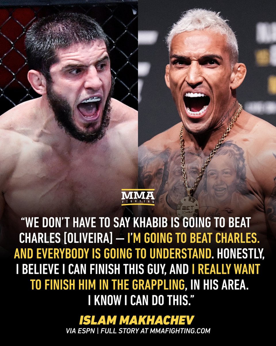 MMAFighting's tweet photo. Islam Makhachev believes he will beat Charles Oliveira, but it would be an "easy fight" for Khabib too 😳

📰 https://t.co/LHKDJFYPNO https://t.co/pyoaRPFcJr