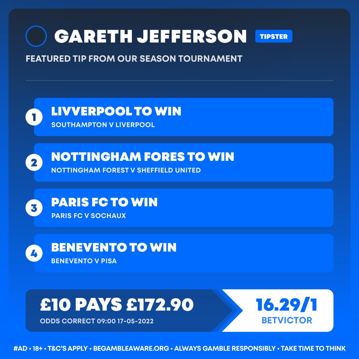 🌟 Gareth Jefferson finds himself sat well inside the top 25 in our <a href="/BettingHub/">BettingHub</a> Tipster Tournament with 3 winnings tips returning £236.50. 

👉 Back his tip for tonight here: footyaccums.bet/GarethJefferso…

18+ | BeGambleAware.org | T&amp;C's Apply