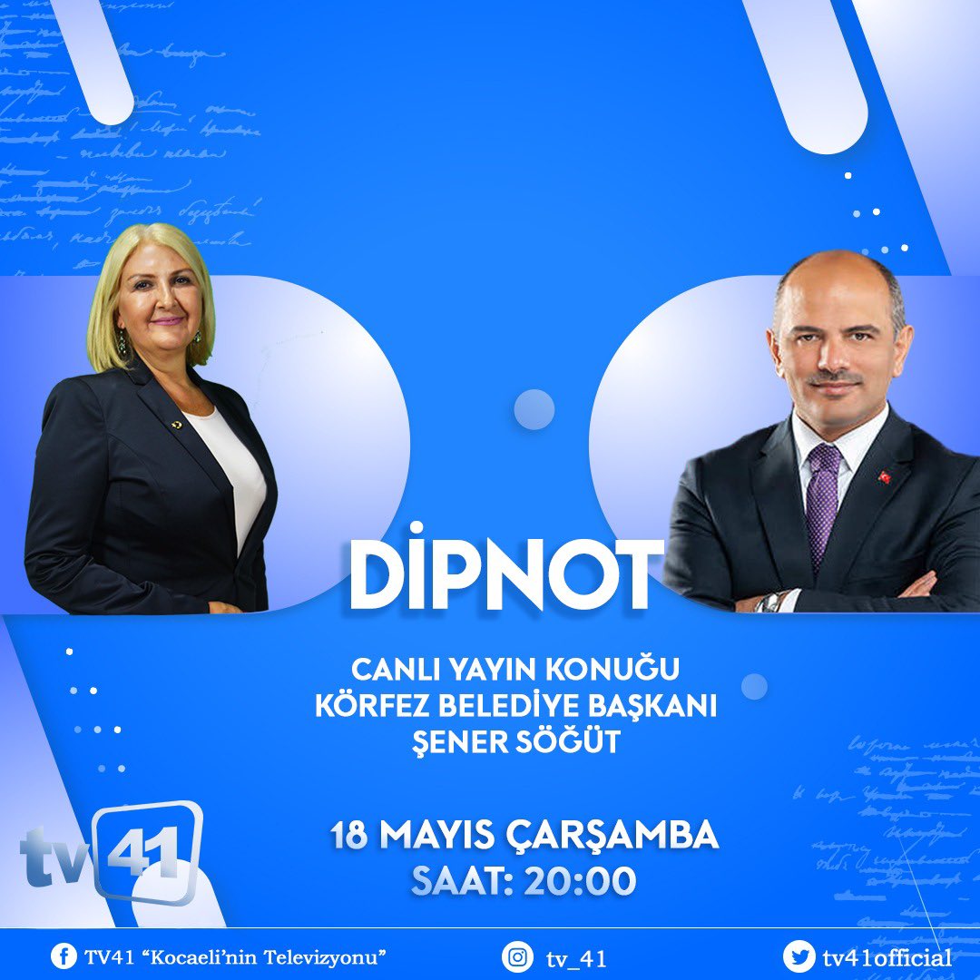 korfezbelediye's tweet photo. 📺 Belediye Başkanımız #ŞenerSöğüt ilimizin yerel TV kanallarından olan #TV41’de yayınlanan Fazile Özkurt ile “DİPNOT” programının canlı yayın konuğu olacaktır. 

📆: 18 Mayıs 2022 Çarşamba
⏰: 20.00  
@senersogut https://t.co/POwogn8yjK